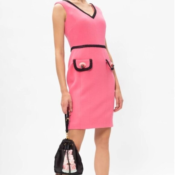 NWOT MOSCHINO Couture Contrast Embellished Appliqués Wool Pink Dress M $1695 - Picture 3 of 14